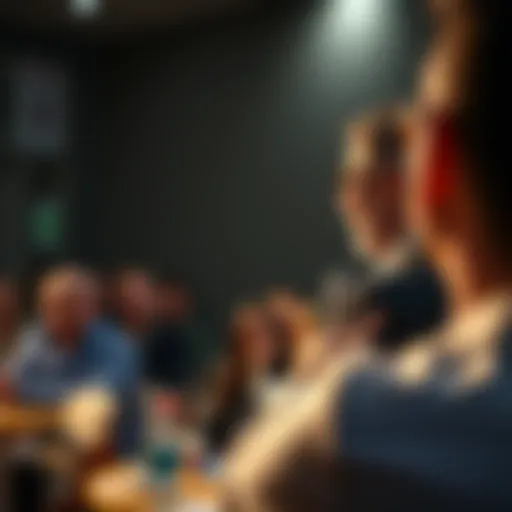 A confident speaker presenting in front of an attentive audience.