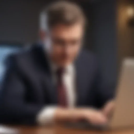 An executive reviewing payroll software on a laptop