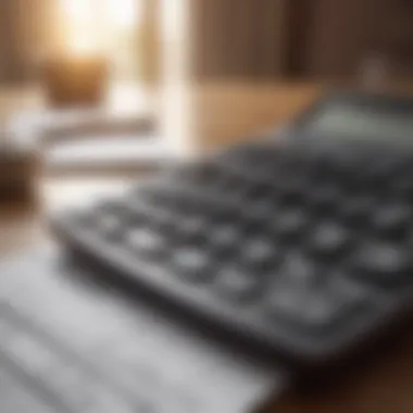 A close-up of accounting tools including a calculator and invoices.